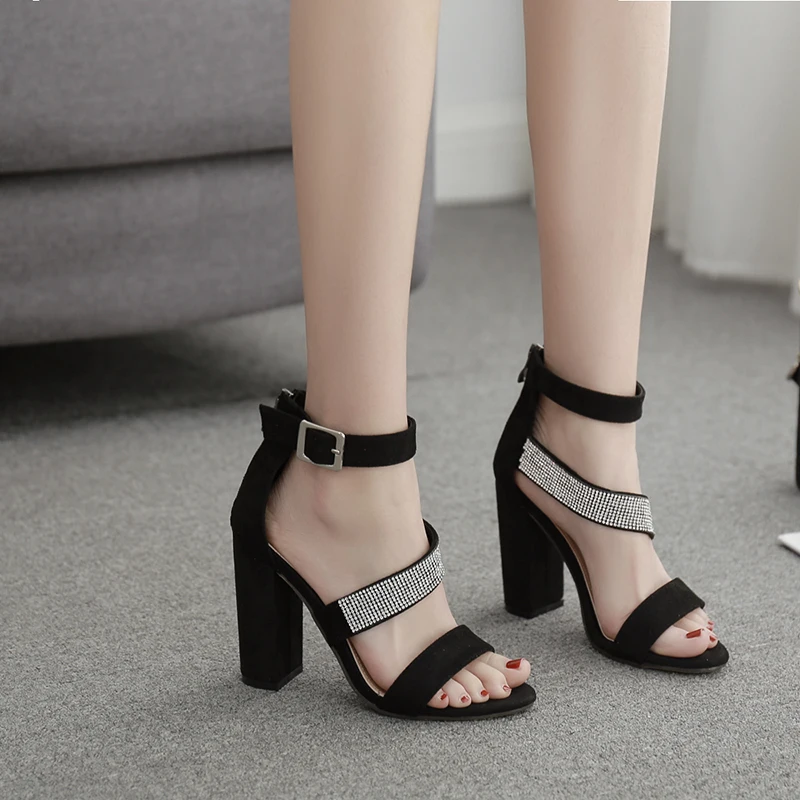 

101881 DEleventh Woman Shoes New Fashion Suede Rhinestone Sandals Rome Peep-Toe Coarser High Heels Summer Sexy Ladies Party