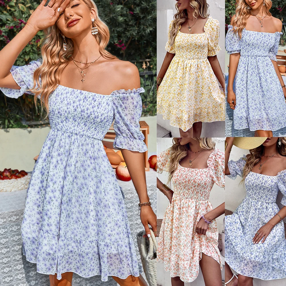 

Square Collar Puff Sleeve Floral Chiffon Summer Dress Women Frill High Waist Beach Dresses Holiday Ruffle Dresses Vestido 2022, Picture color