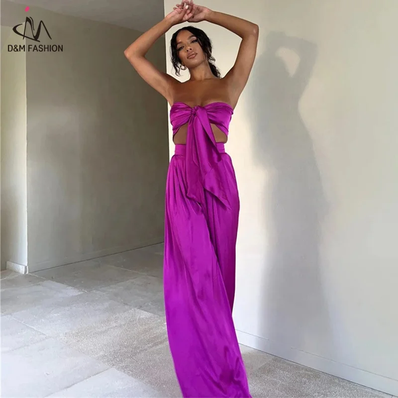 

D&M Summer Casual Women's Suit Strapless Bandage Short Navel Tube Top High Waist Hip Wrap Wide Leg Pants Two Piece Set