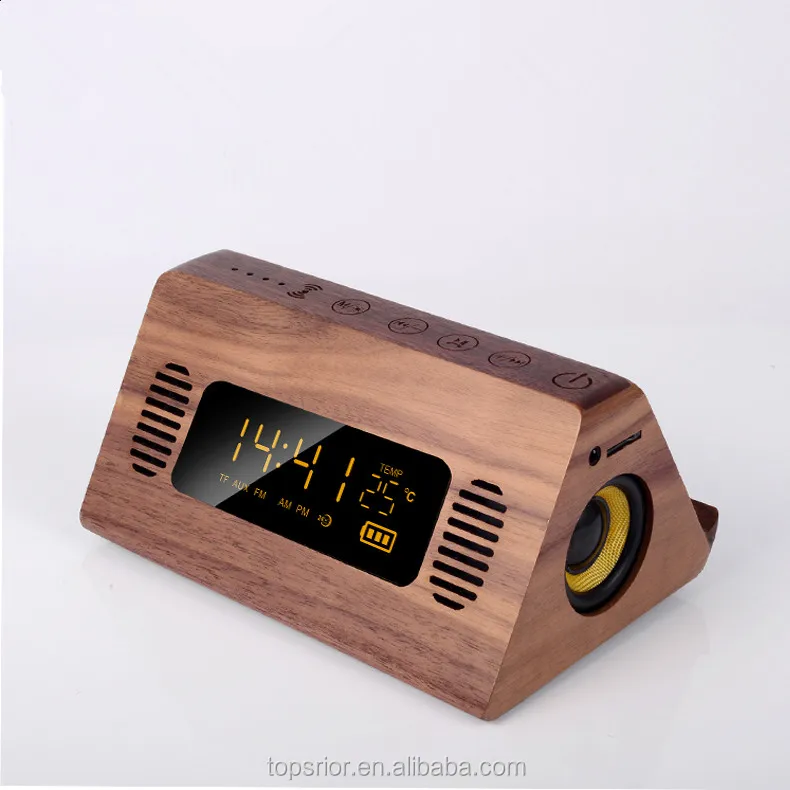 2019 new design power bank version wooden bluetooths speaker with alarm clock, wireless charger and LED TEMP display function - ANKUX.COM