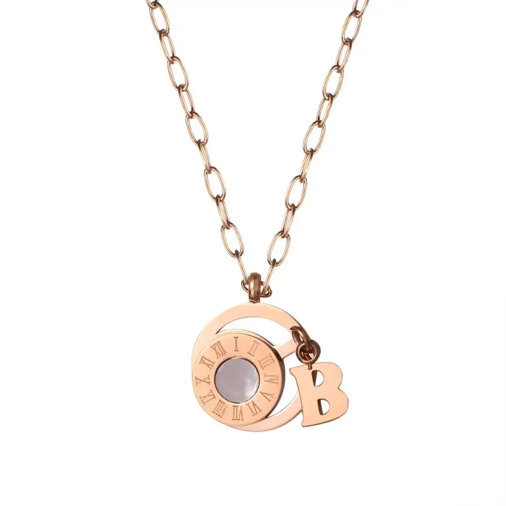 

Loftily Dainty Stainless Steel Roman Round Disc Letter Necklace Rose Gold Women Necklace, Picture shows