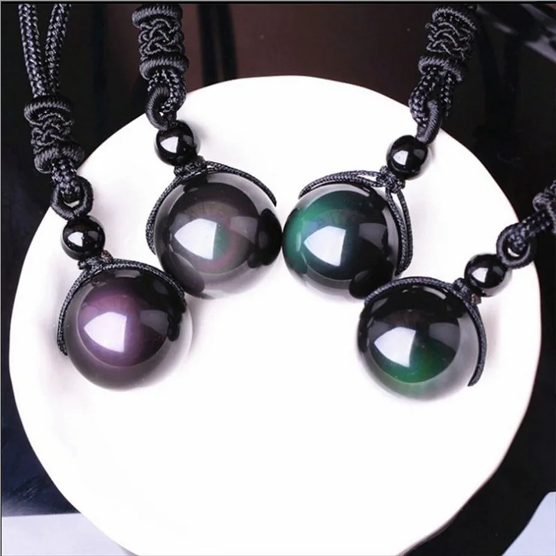 

Natural Stone Pendant Necklace With Black Obsidian Rainbow Eye Beads Ball Woven Rope Chain Evil Stone Jewelry, As picture