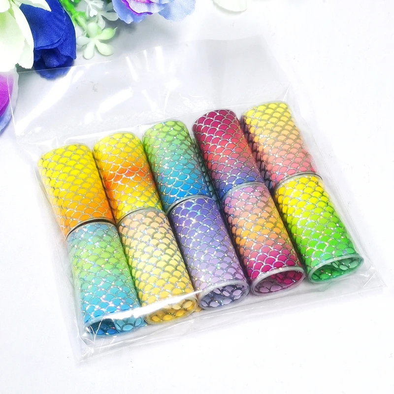 

Bagged Laser 3D Colorful nude fish scale nails foil Holographic Gradient Mermaid nails Transfer foil Sticker snake scale