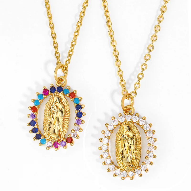

Rainbow Virgin Mary Necklaces For Women Gold Chains Necklace Crystal Peace Zircon Catholic Jewelry virgen