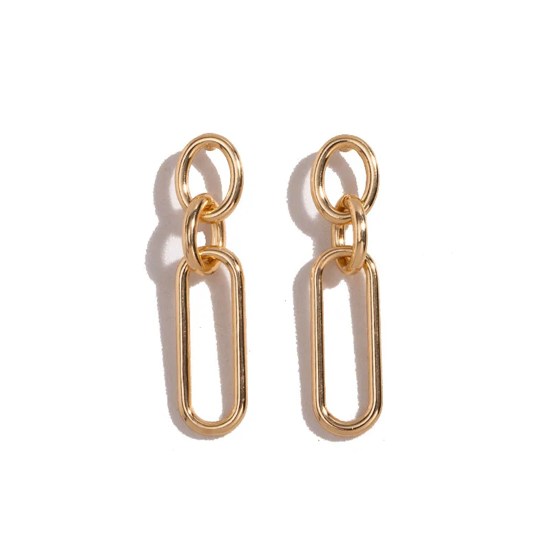 

18K Gold Filled Geometric Long Round Connecting Ring Dangle Earrings Oval Chain Link Drop Earrings