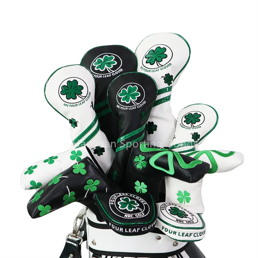 

Golf club headcovers driver fairway wood hybrid ut set PU Leather Four leaf clover lucky club cover Custom logo, White