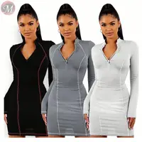 

9112710 hot sell side stripe zipper solid slim bodycon mini Ladies Casual Dresses Women