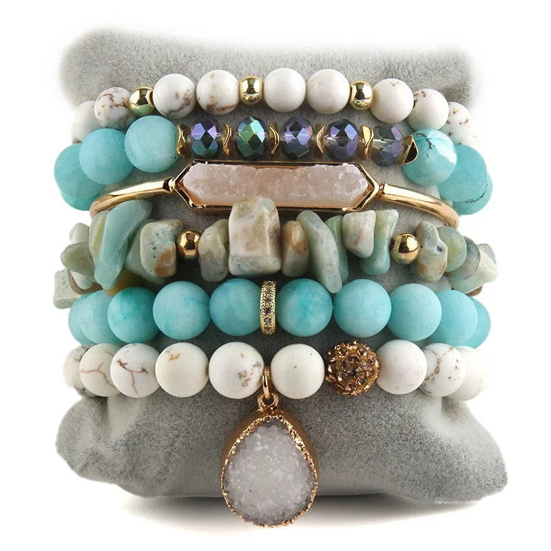 

Fashion Bohemia Unique Jewelry Accessory Zircon Paved Alloy Stone Beaded and Druzy Bangle 6pc Stack Stretch Bracelets Set