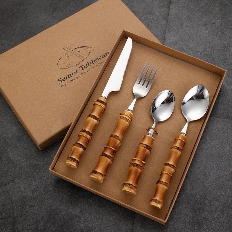 

Natural wooden handle Spoon Fork knife Flatware set gift box 304 Stainless Steel Cutlery with bamboo handle