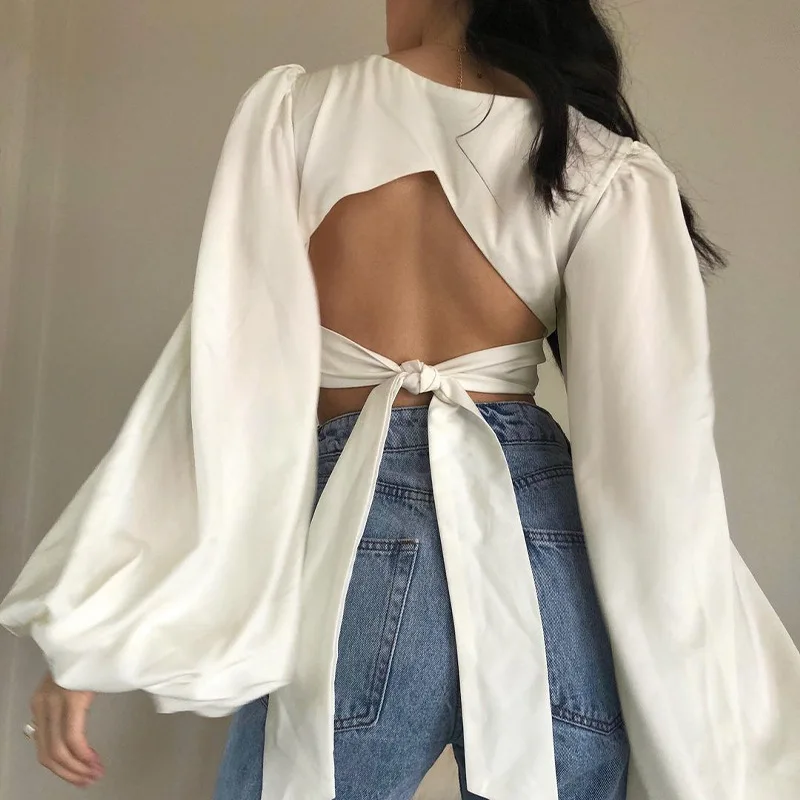 

High quality sexy bishop sleeve tops woman sexy crop crop top vintage summer backless white crop top women blouse, Pic