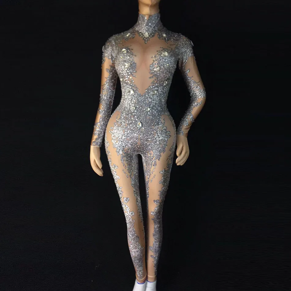 

Women's Sexy Rhinestones Bodysuit Stage Outfit Female Singer Gray Leggings Nightclub Nude Crystals Costume Dance Jumpsuit