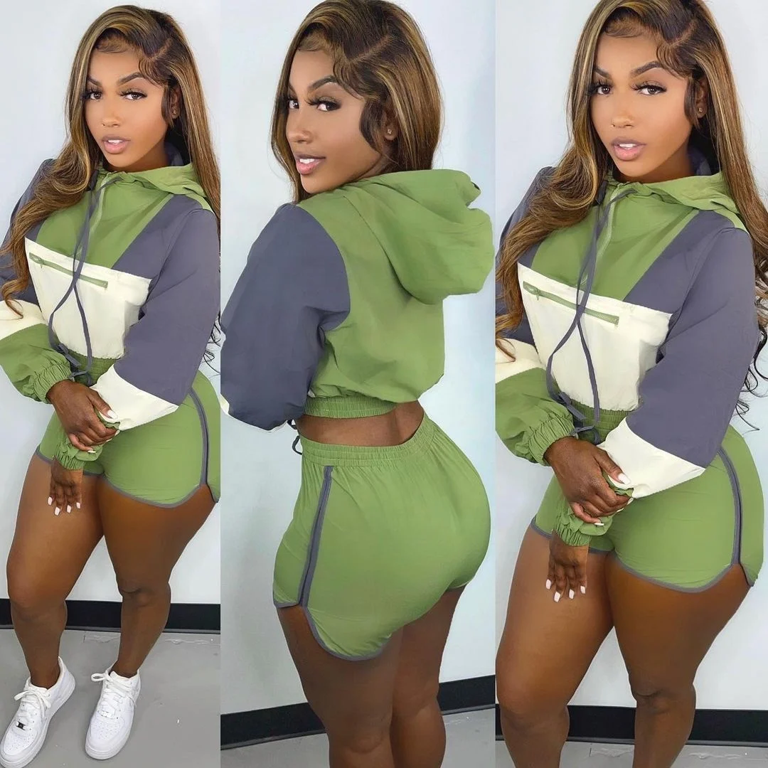 

2022 Fall women's outfits 2 piece crop top hoodie short set matching sets patchwork women two piece set, 3 colors