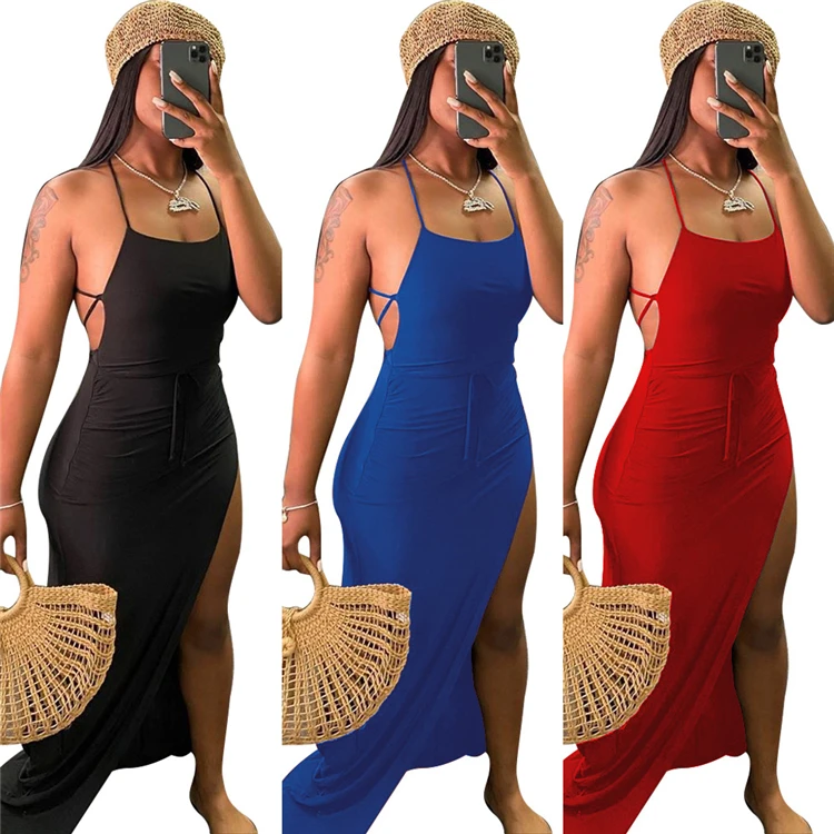 

W8867 Summer women chiffon casual sexy backless dresses design 2021 sleeveless long dress ladies clothing