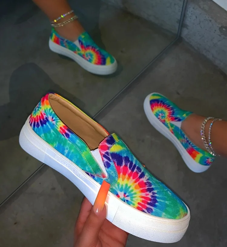 

2021 New Arrival Tie Dye Slip-on Entry Padded Insole Satin Sole Rainbow Thick Bottom Slip on Sneakers, Red,blue,green,pink,purple,black,white