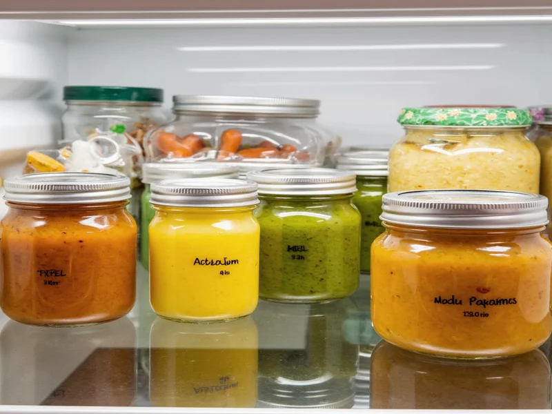 Glass jars of salad dressings stored in refrigerator with date labels