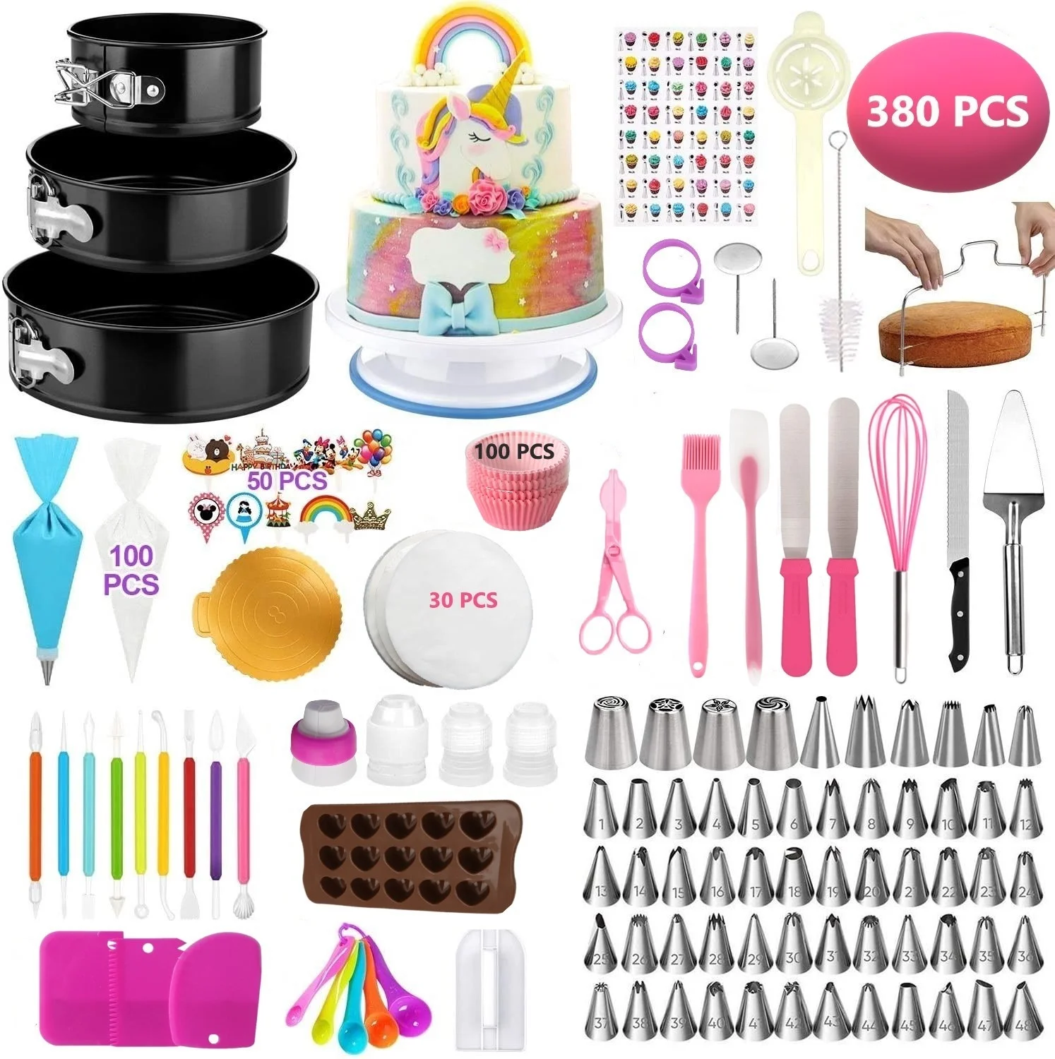 

Cake Decorating Supplies Kit 380pcs Baking Tools Set 3 Cake Pans 1 Turntable 48 Piping Tips 4 Russian Nozzles 8 Fondant Tools, Picture