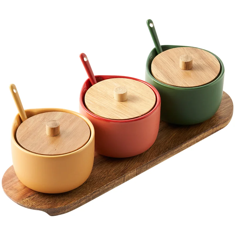 

Kitchen Seasoning Jars Salt Ceramic Spice Container Sets With Bamboo Stand 1992, Colorful