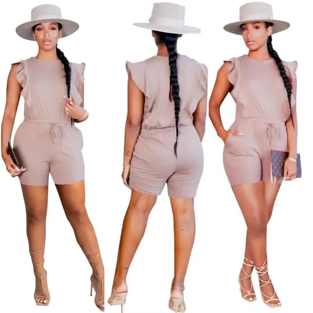 

2021 Versatile Casual Wear Clothes Crew Neck Sleeveless Rompers Women Blank Ruffle Romper, Khaki