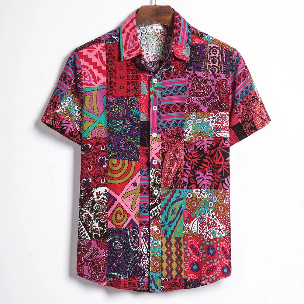 

2020 Summer Men Plus size 5XL Ethnic Hawaiian Beach Tropical Style Cotton Short Sleeve T-shirt