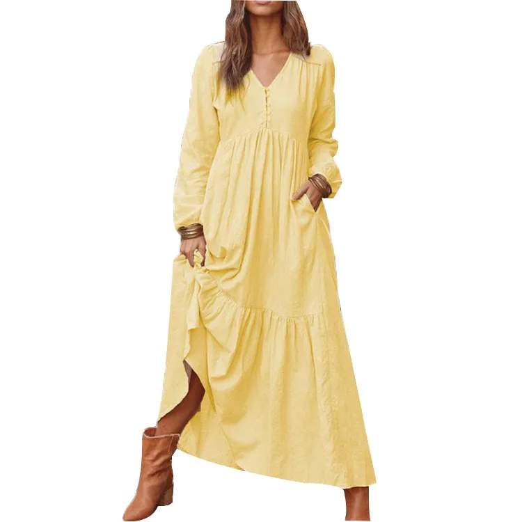

Loose cotton and linen long sleeved V neck plus size womens long dress women plus size