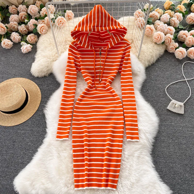 

Autumn Simple Stripe Hoodies Long Sleeve Knitting Elastic Bodycon Sweater Dress For Women, Black,orange,blue,gray,white,khaki,pink,rose red,