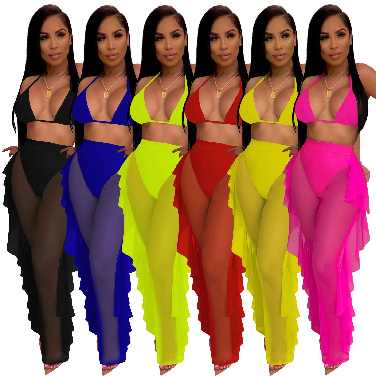 

new arrival women beach mesh cover up sheer sexy bikini ruffle pants two piece set, 6 colors