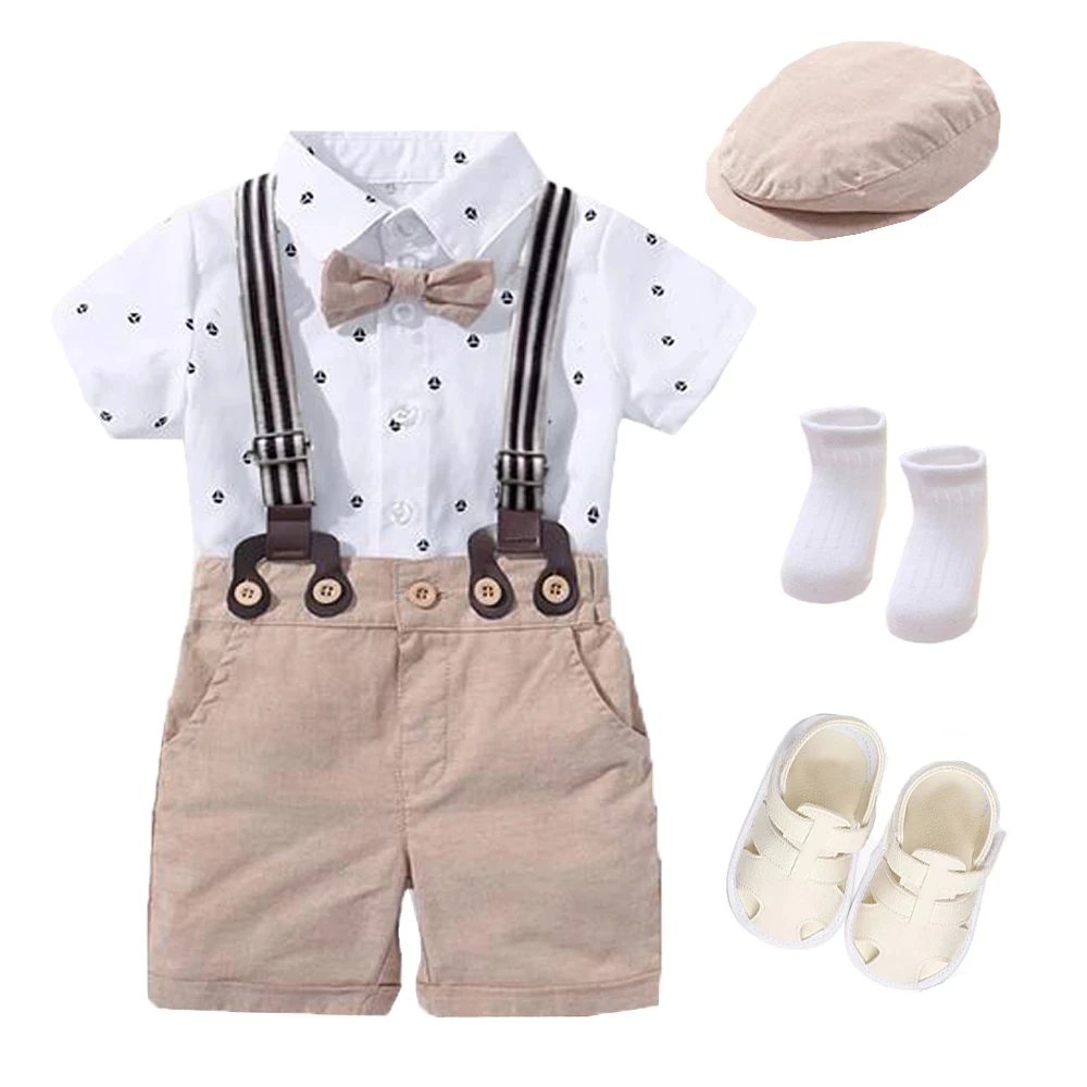 

Hot Selling Cotton Sailboat Print Newborn Romper + Pants +Hat +Bow Clothes Sets for Baby Boy Suit, Khaki