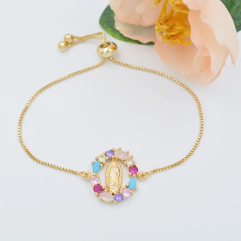 

Fashion Color Stone Virgin Mary Bracelet Ladies DIY Charm Bracelet 18k Gold Plated