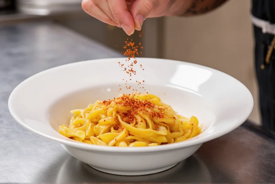 Chef's hand sprinkling red pepper flakes over a finished pasta dish in white ceramic bowl