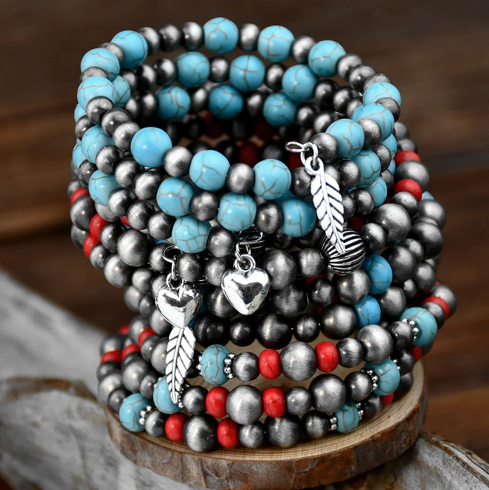 

Multilayer Navajo Pearls CCB Beads Bracelet Set Alloy Leaf Heart Pendant Turquoise Beaded Bracelet For Women