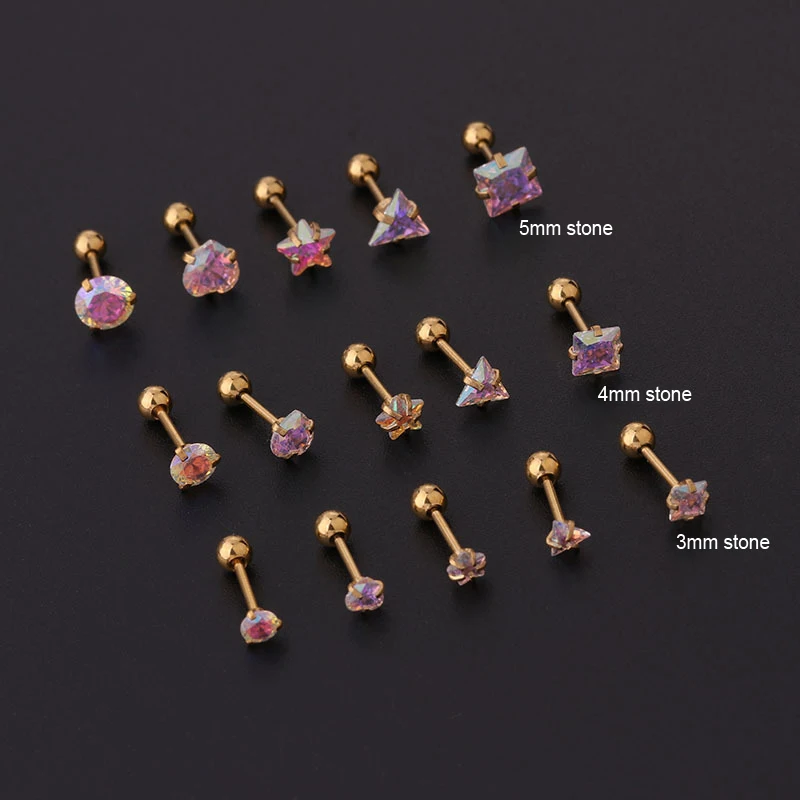 

AB color cz stone heart star square round helix cartilage tragus earring lobe ear piercing jewelry stainless steel stud earrings