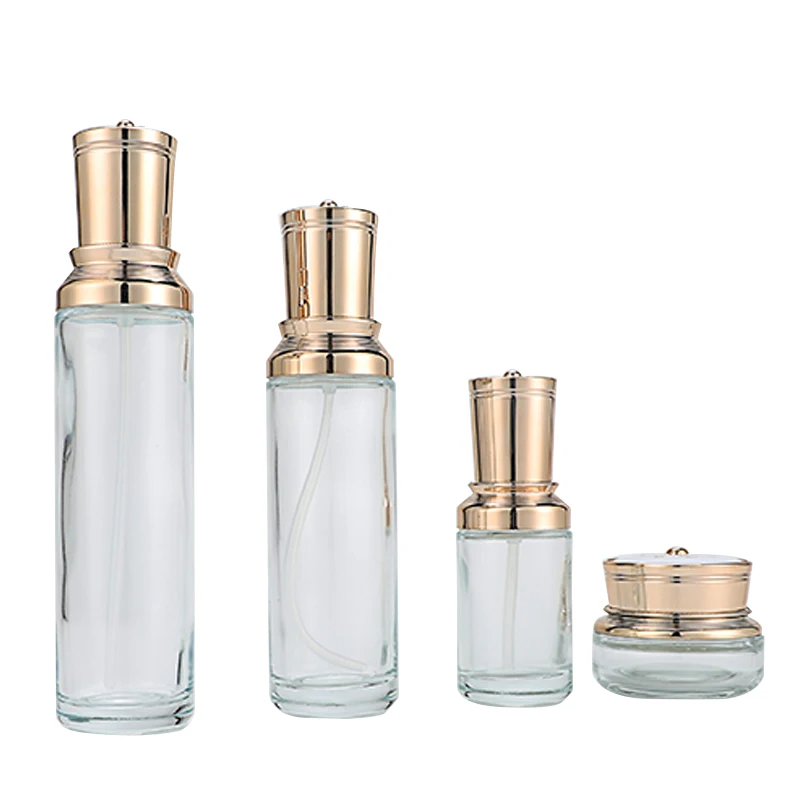 Luxury Cosmetic glass bottle set -- skincare container manufacturer--electroplating aluminum with pump&spray&engrave cap supplier