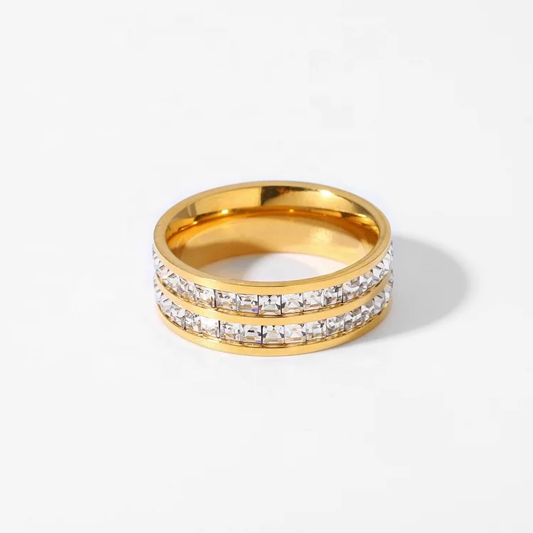 

18K Gold Plated Stainless Steel Double Layer Cubic Zirconia Shiny Cz Diamond Rings Hip Hop