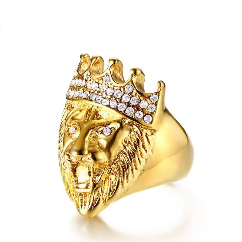 

Factory Direct Sale Hot Selling Fashion Simple Jewelry Punk Ring 316L Stainless Steel Crown Lion Head Diamond Rings, Gold