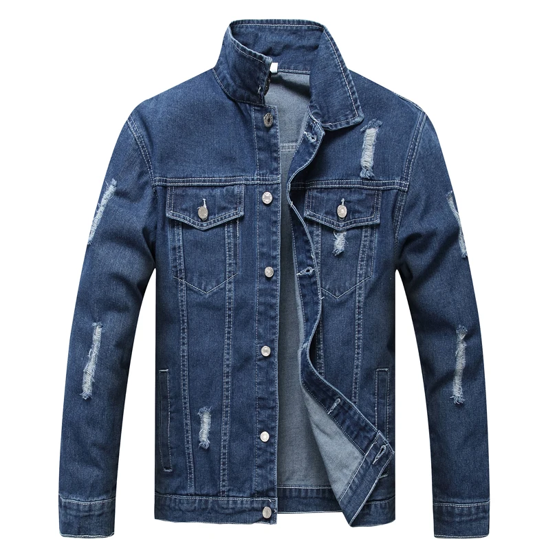 

Custom Ripped Hole Blue Solid Single Button Men Denim Jean Jacket Coat Canvas Men's Jackets