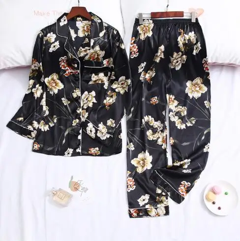

2020 fashion new long-sleeved trousers imitation silk printing ladies pajamas set