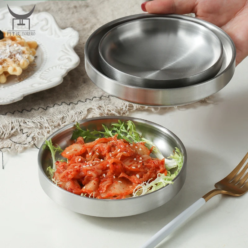 

Double wall stainless steel tomato salad pepper sauce dish soy sauce dish food barbecue round small dish, Silver / gold, customized color