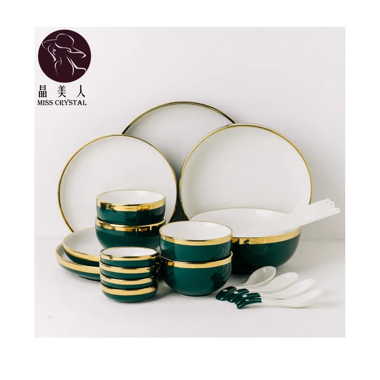 

Green Phnom Penh Porcelain Dishes Suit Plates Contains 11Style dessert cake plate salad soup rice bowl Luxury Dinnerware Set, Green phnom penh and white