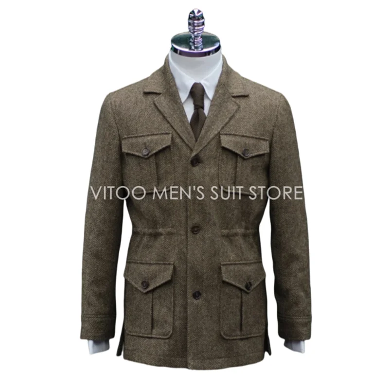 

Winter Tweed Herringbone Men Suits/Classic Safari Jacket With Four Envelope Pocket/Unique Design Casual Male Clothing Coat+Tie, White black