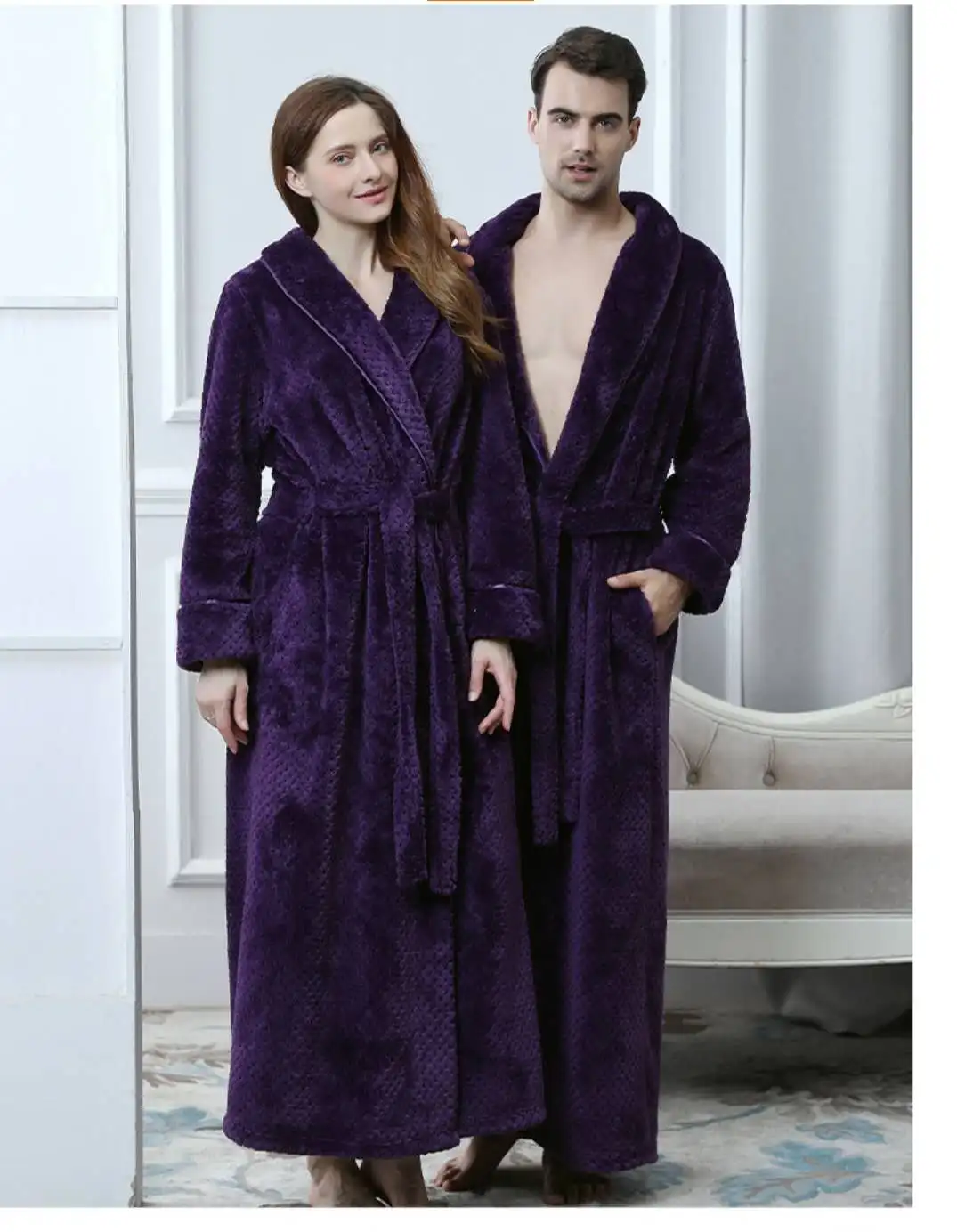 

Diversiform Winter Thick Polyester Robe Bathrobe Set Luxury Soft Warm Fleece Adult Women Men Pajamas T/T 100% Picture Shows