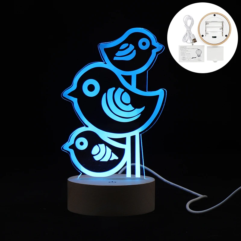 Little Bird 3D Illusion LED Lamps RGB Wood Base Night Light For Kids