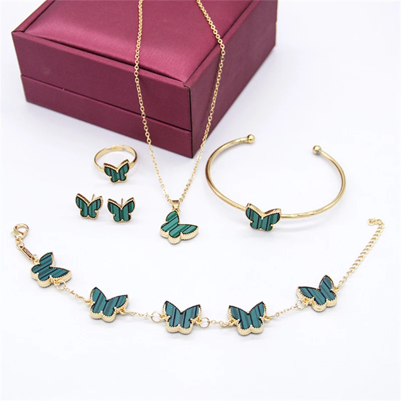 

Fashion Jewelry 5Pcs/Set Gold Plated Adjustable Butterfly Necklace Earrings Bracelet Bangle Ring Set Accessories for Women