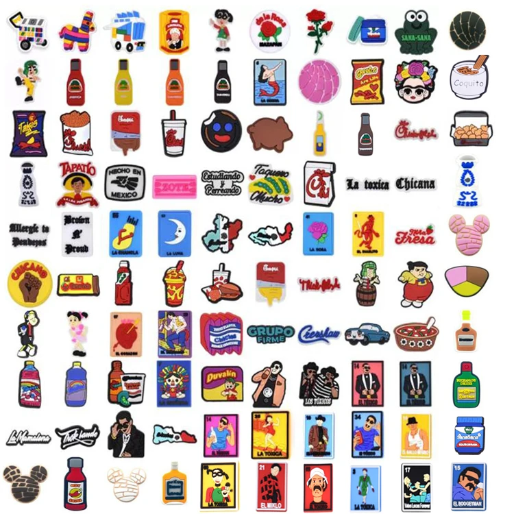 

Amazon top seller 100pcs Random mexican Inspired Shoe Charms for Croc Clog Shoes Decorations Bracelet Wristband Party Favor, As pictures show