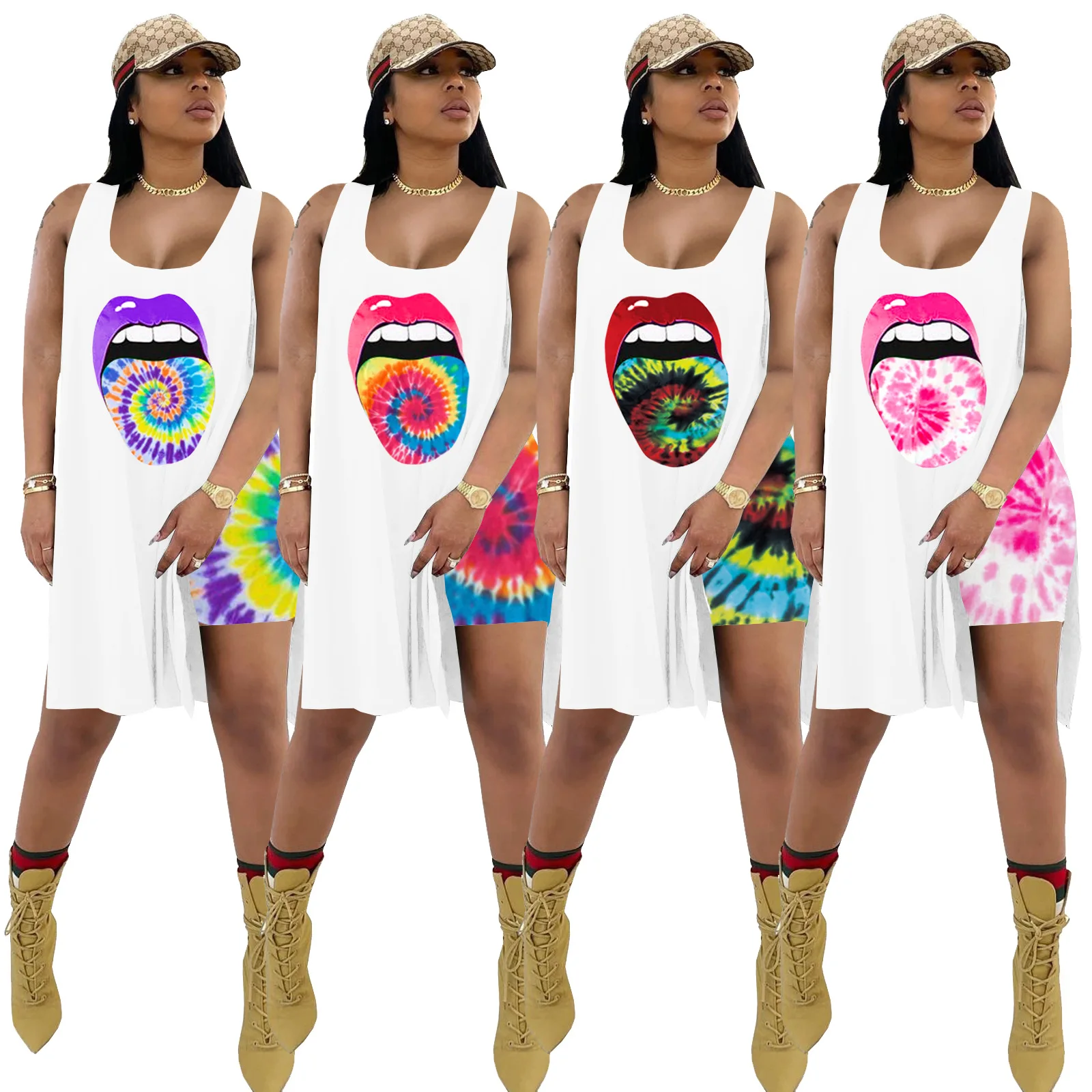 

QC - 4285 Fashionable summer womens 2 piece shorts set lip tie dye shorts + loose top knitting shorts sets for women two piece, Customized color