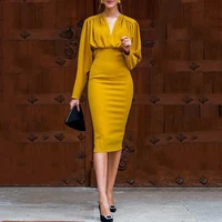 

Women Ruched Design Long Sleeve Midi Dress Casual Sheath Solid Knee-Length V-Neck Spring Autumn Elegant Party Dress 15%