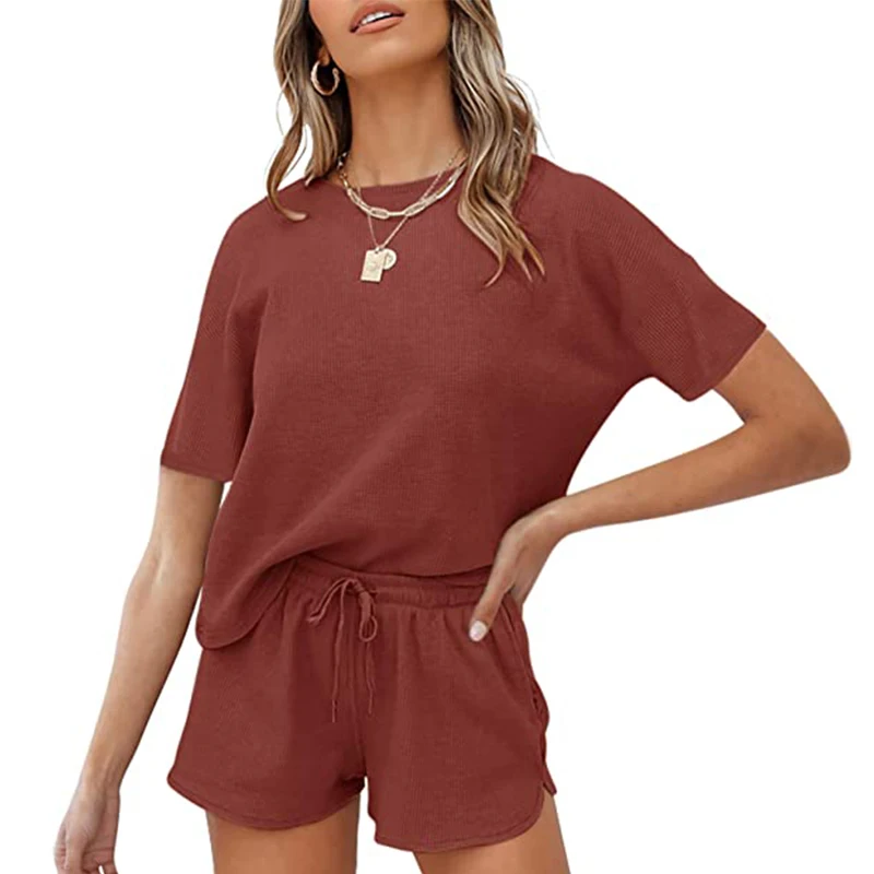 

Wholesale Ladies Short Sleeve Lace Up Home Leisure Clothing Top And Pant Two Piece Sets For Women