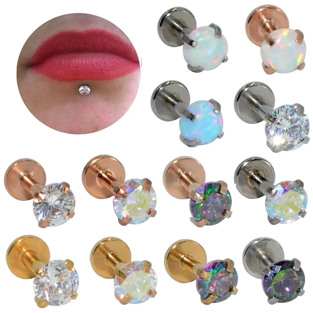 

YW 16G Tragus Earrings Kits Labret Monroes Internal Thread Lip Rings Opal Stone Piercing Body Jewelry Labret Studs