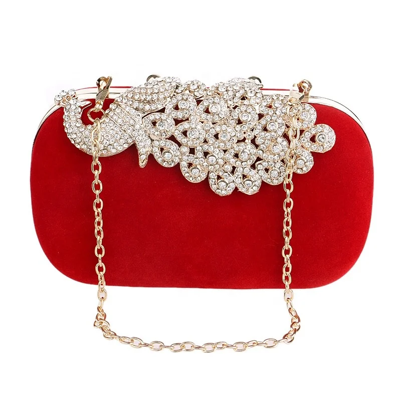 

wholesale Luxury high quality velour clutch bag crystal diamond phoenix metal frame evening dress bag for women, Black,red,blue,purple,rose red