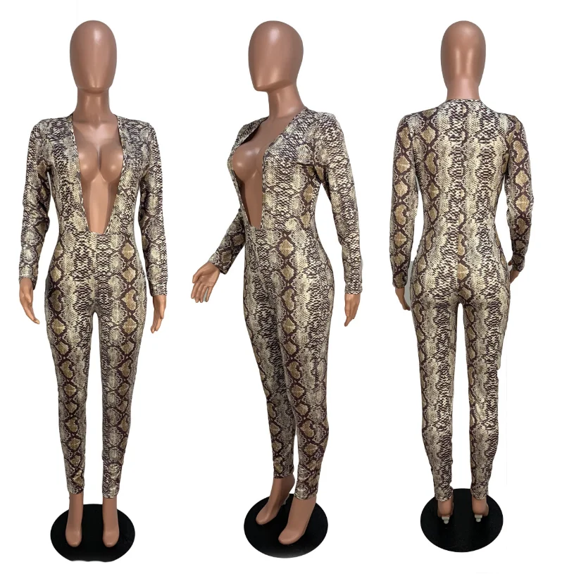 2020 亚马逊热卖紧身衣女性v领性感蛇皮印花连体衣