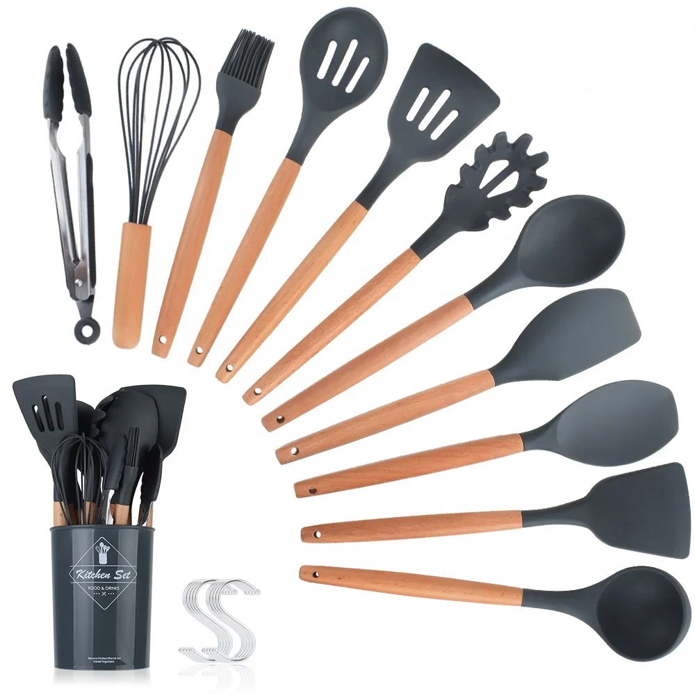 

Kitchen Utensils Set with holdster 11pcs Natural Wooden Handles Cooking Tools Turner Tongs Spatula Spoon for Nonstick Cookware, Black, green, pink, blue